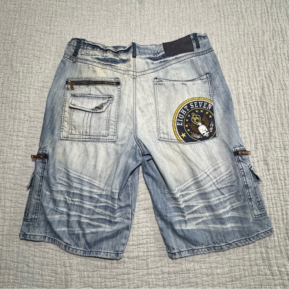 8732 EMBROIDERED Y2K 90s JEAN‎ SHORTS Young Jeezy HIP HOP SKULL BAGGY 42 x 15.5